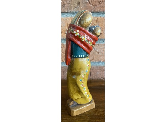 Hand Painted Hand Carved Wood Figure Of Mother Carrying Child