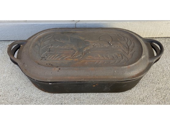 Large Cast Iron Lidded Dish With Intricate Lid