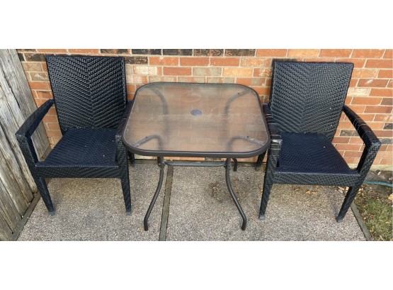 Metal & Glass Patio Table With 2 Rattan Chairs (as Is)