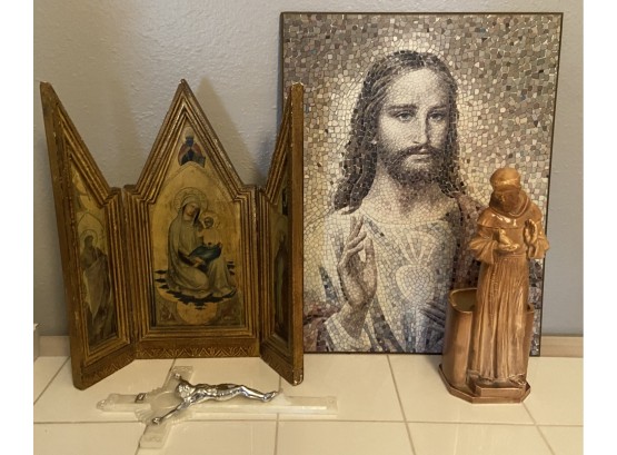 Assorted Religious Home Decor Including Saint Francis Ceramic Figurine