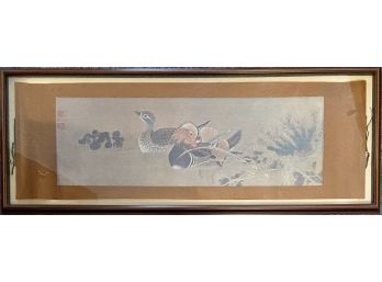 Asian Influenced Duck Print Paper Scroll In Frame