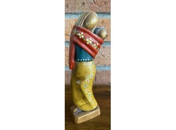 Hand Painted Hand Carved Wood Figure Of Mother Carrying Child