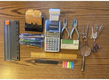 Assorted Office Supplies Including Calculator With Receipt Printer