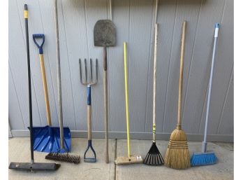 Assorted Hand Tools Including Brooms, Shovel, & More