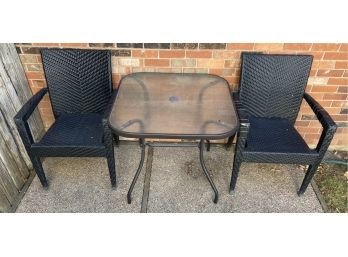 Metal & Glass Patio Table With 2 Rattan Chairs (as Is)