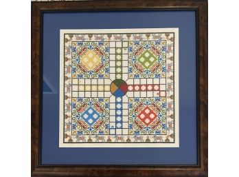 Colorful Cross Stitched Parcheesi Board In Frame
