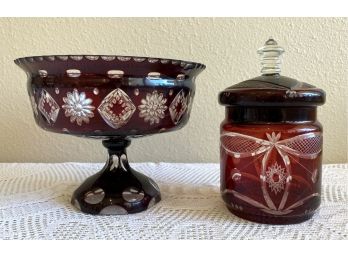 Cranberry Etched Glass Pedestal Bowl With Small Lidded Canister