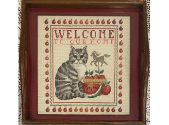 'welcome To Our Home' Cross Stitch Framed In Wooden Tray.