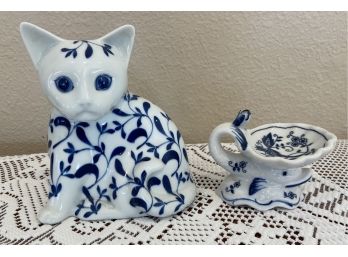 Blue Ceramic Cat Figurine With Seymour  Ann Fine China Candle Holder
