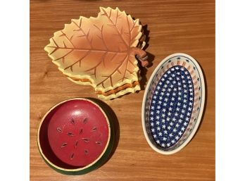 Lot Of Misc Decor Including Ceramic Leaf Plates, Wooden Watermelon Bowl, And Handmade Polish Dish