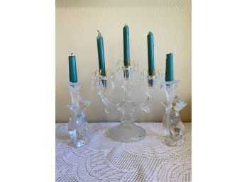 Lot Of 3 Candle Holders Including 1 Candelabra And 2 Cat Motif Candle Sticks
