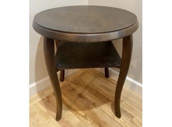 Vintage Wood And Veneer Side Round Table With Curved Legs And Shelf