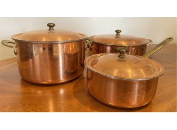 (3) Spring Culinox Copper Pots With Lids Made In Switzerland