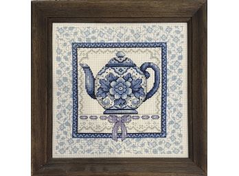 Small Cross Stitched Blue China Tea Pot In Frame