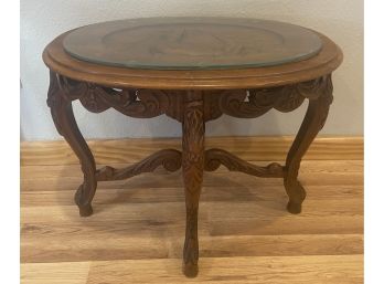 Vintage Intricately Hand Carved Mother And Child Oval Side Table With Removable Glass Top