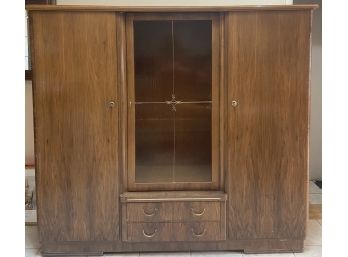 Large Vintage Locking Storage Cabinet With Two Drawers And Glass Door