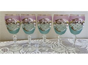 Set Of 5 Pretty Frosted Glass With Gold Accent Water Glasses