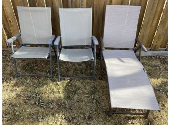 (2) Collapsible Aluminum & Mesh Outdoor Chairs With Longue Chair