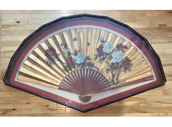 Gorgeous Large Gold Colored Hand Painted Asian Style Fan Framed In Wooden Glass Display Case