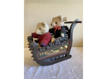 (2) Heinrich Bauer Stuffed Bears With Hand Carved & Painted Wooden Sleigh