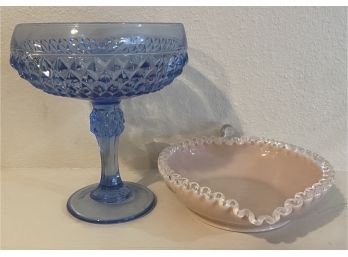 (2) Blue Cut Glass Pedestal Bowl And Fluted Pink Glass Dish