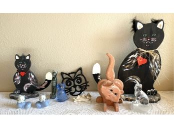 Collection Of Assorted Car Decor Including Wood Art, Salt & Pepper Shakers, Glass Figurines, & More