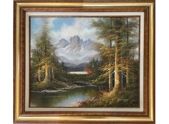 Gorgeous Original Oil On Canvas Mountain Landscape In Frame
