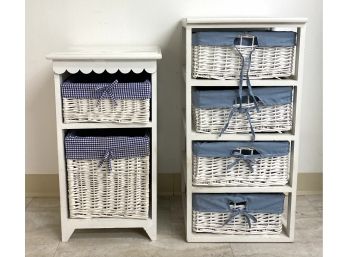 (2) White Particle Board Cabinets With Baskets