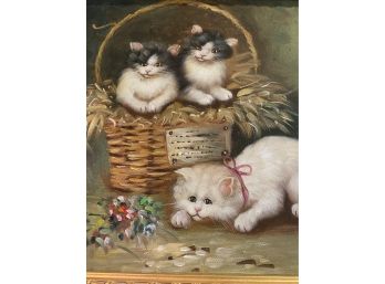 Original Oil On Canvas Of Kittens Signed Illegible In Pretty Golden Frame