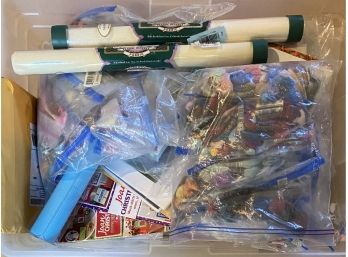 Box Of Misc Craft Supplies Including Embroidery Floss, Scrapbooking Materials, And Cross Stitching Fabric