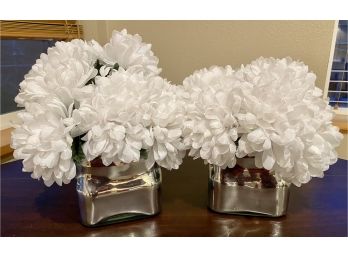 Pair Of Faux Flowers In Reflective Glass Containers