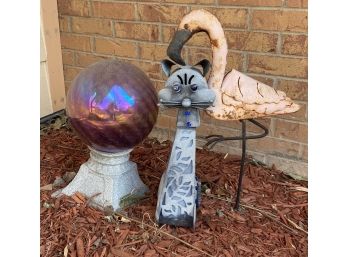 Fun Yard Decor Including Colorful Orb, Metal Flamingo, & Cat Sculpture