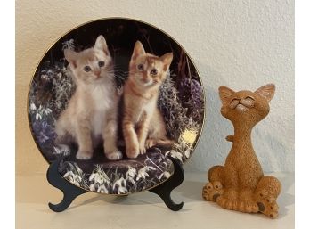Kitty Decor Lot With Resin Cat And Royal Worcester Cat Plate