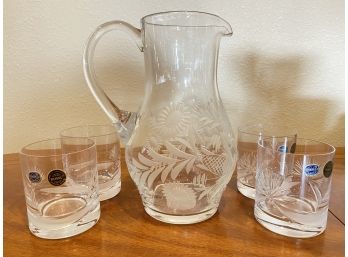 Lot Of 4 Bohemia Crystal Rossi Low Ball Glasses With Crystal Pitcher