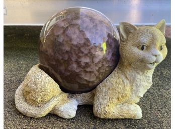 Resin Outdoor Cat With Glass Orb