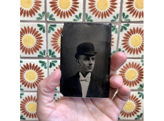 Antique Tintype Photograph Of Man And His Bowler Hat