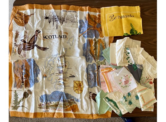 Collection Of Vintage Hankies And Scotland Silk Scarf