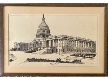 Ink On Paper Sketch Of Capitol Building Washington DC Dated 1900 Signed