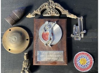 Great Grouping Of Fabulous Vintage Dcor Including Artillery Shell Mid Century Plaque Trophy