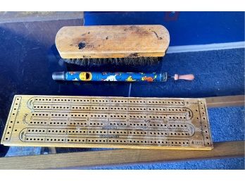 Lot Of Antique Toys Including Wooden Whistle And Cribbage Board