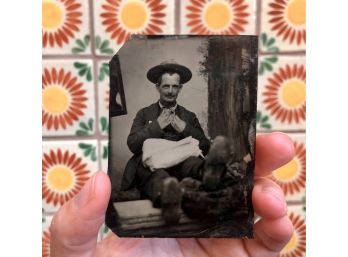 Antique Tintype Photograph Of Man With His Feet Up