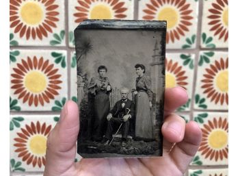 Antique Tintype Photograph Of 3 Posing For Camera