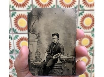 Antique Tintype Photograph Of Young Man Posing With Book