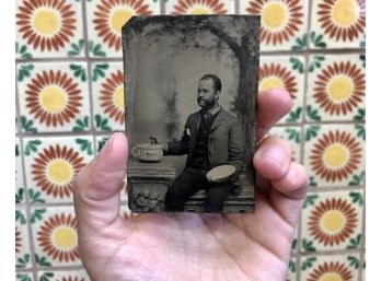 Antique Tintype Photograph Of Man Posing With Pot Of Food