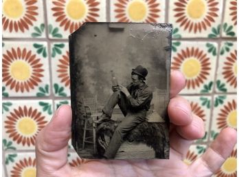 Antique Tintype Photograph Of Man Looking At Bottle