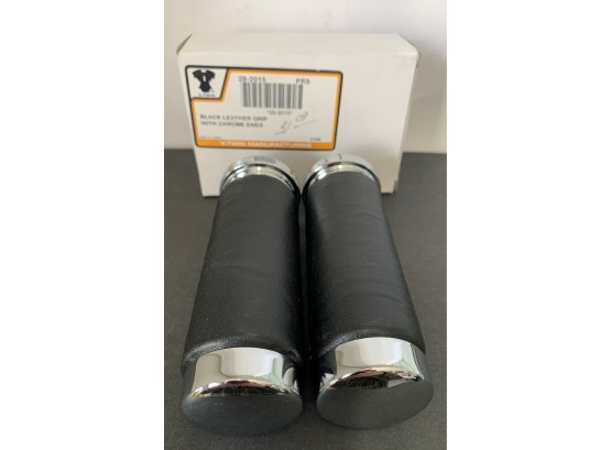 V Twin Black Leather Grips With Chrome Ends Marked 28-2015