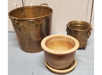 Three Plant Pots, One Copper, One Brass And One Pottery