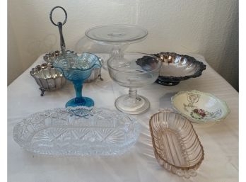 Serving Pieces Silver Plate Italy 3 Dish Server, Antique Glass Cake Plate, Art Glass Compote & More