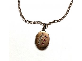 Vintage Gold Oval Locket With Rubies And Diamonds Pendant On Chain