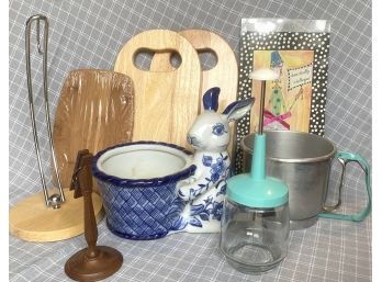 Miscellaneous Kitchen Lot  Inc Wooden And Cutting Boards And A Blue Bunny Planter